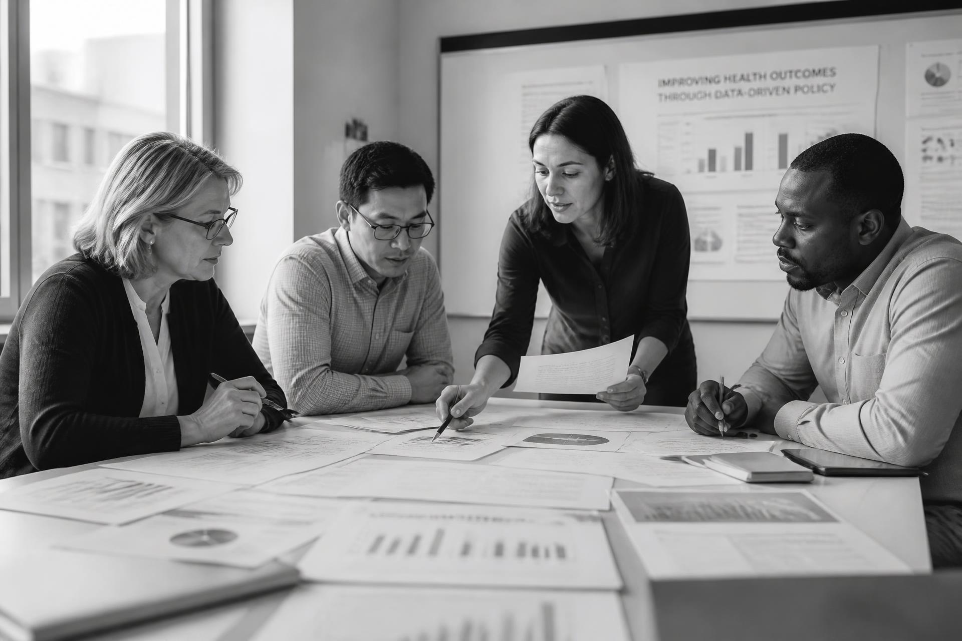 Researchers reviewing healthcare policy data in a meeting room